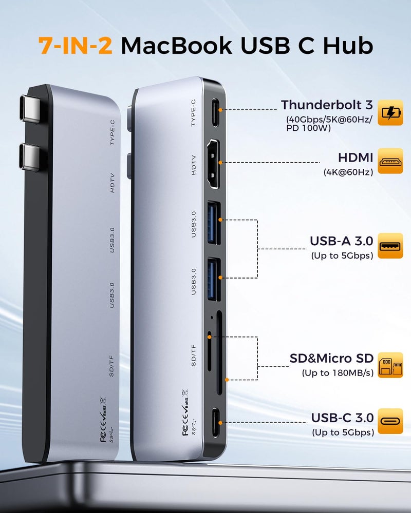 Rytaki Pro USB C Hub for MacBook Pro/Air M5 M4 M3 M2 M1 2025-2018 13" 14" 15" 16", 7 in 2 MacBook Multiport Adapter Accessories Dongle with 4K@60Hz HDMI, Thunderbolt 3, USB C&A Ports, SD TF Card Reader - Image 2