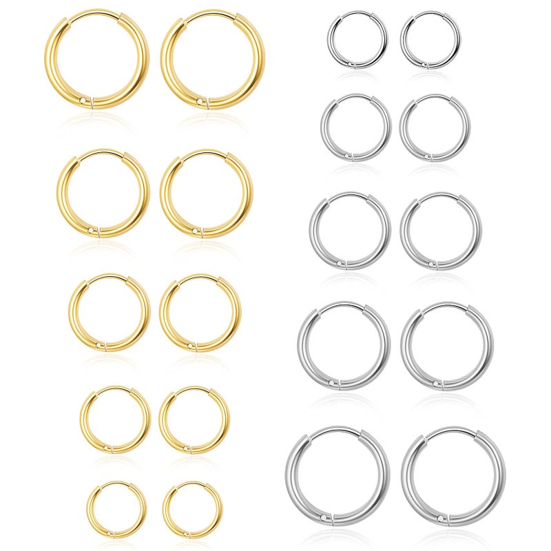 Senteria 10 Pairs Silver Gold Hoop Earrings Set for Women Surgical Steel Hoop Earrings Lightweight Hypoallergenic Small Hoops For Men ï¼ˆ8mm 10mm 12mm 14mm 16mmï¼‰ - Image 1