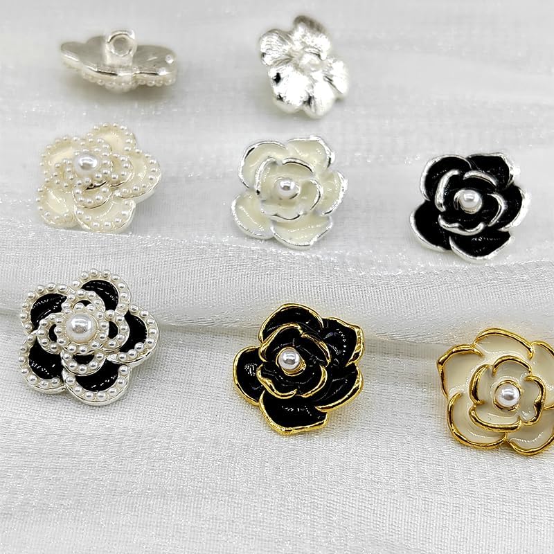 Metal Buttons, 18/23mm Camellia Buttons for Knitting Fashion Pearl Beaded Black White Metal Shank Button Sewing Accessories DIY - Image 4