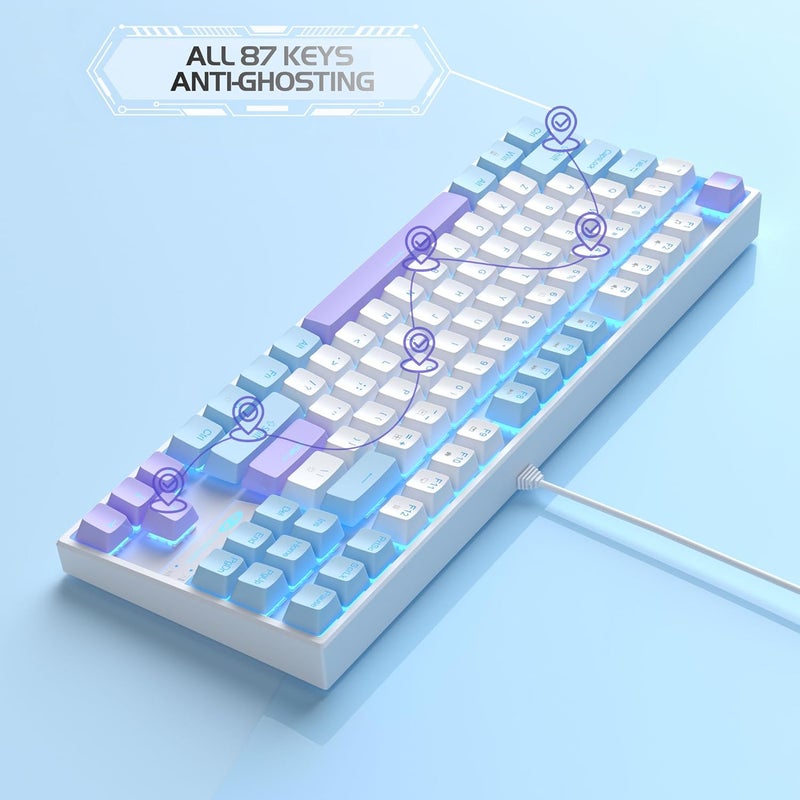 MageGee 75% Mechanical Gaming Keyboard With Red Switch, Led Blue Backlit Keyboard, 87 Keys Compact Tkl Wired Computer Keyboard For Windows Laptop Pc Gamer - White/Blue - Image 5
