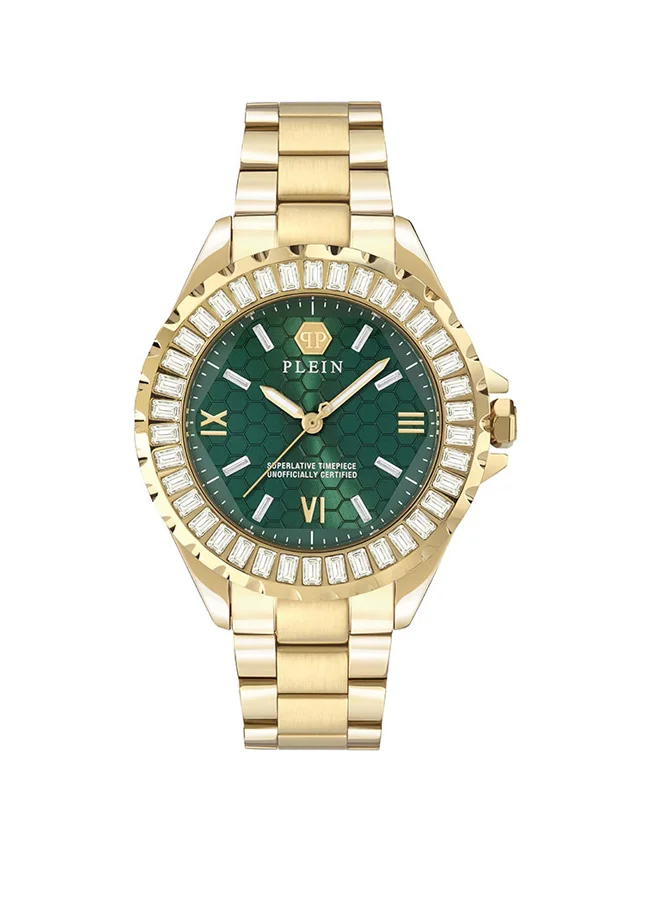 فيليب بلين Women's Watch by Philipp Plein with Crystal Bezel, Emerald Green Honeycomb Dial, Roman Numerals, and Gold Stainless Steel Bracelet - 38mm 3-Hand Quartz Timepiece