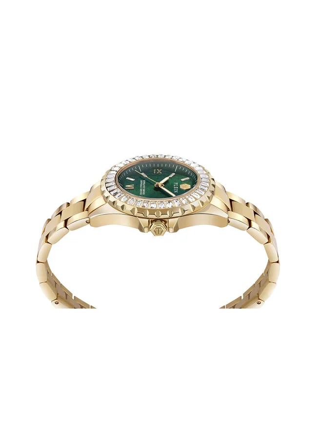 PHILIPP PLEIN Women's Watch by Philipp Plein with Crystal Bezel, Emerald Green Honeycomb Dial, Roman Numerals, and Gold Stainless Steel Bracelet - 38mm 3-Hand Quartz Timepiece