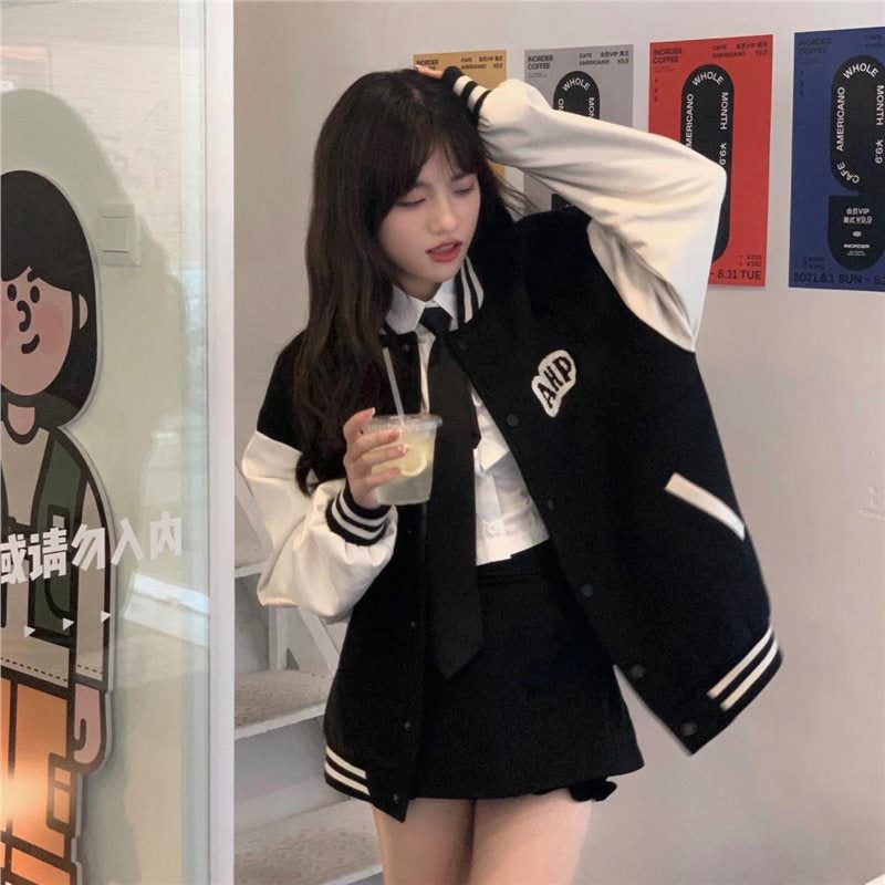 Womens Coat Trendy Ins Spring and Autumn Shorty Cute Fashion All-Match Jacket Retro College Style Contrast Color Baseball Suit W46 