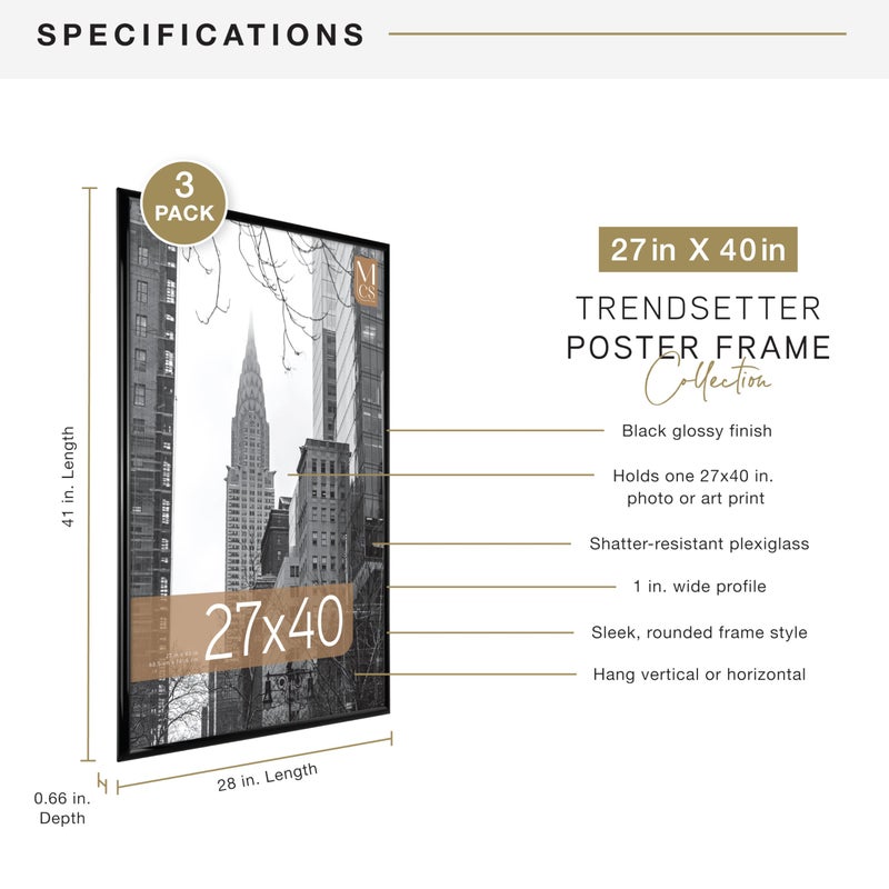 MCS Trendsetter Movie Poster Frame 27x40 Black High-Gloss, Vertical & Horizontal Wall Hanging Large Picture Frame for Photos, Artwork & Custom Posters (3-Pack) - Image 4