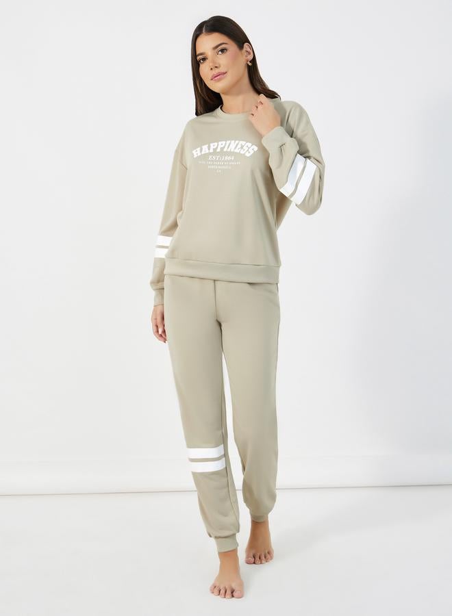 Styli Slogan Print Double Stipe Sweatshirt & Joggers Pyjama Set  - Image 1