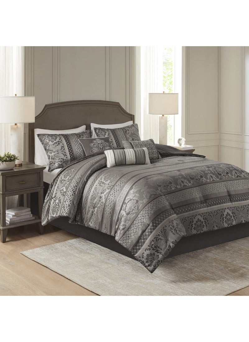 madison park Madison Park Bellagio Cozy Comforter Set  Luxurious Jaquard Traditional Damask Design All Season Down Alternative Bedding with Matching Shams Decorative Pillow King104x92  Grey 7 Piece 