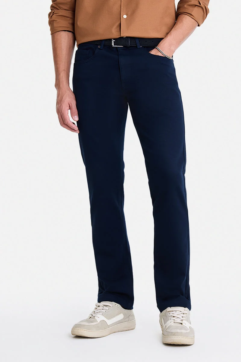 SNITCH Navy Blue Solid Regular Fit Casual Chinos