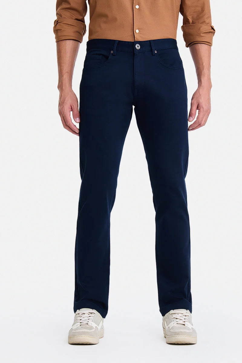SNITCH Navy Blue Navy Blue Solid Regular Fit Casual Chinos for Men | Best Price UAE
