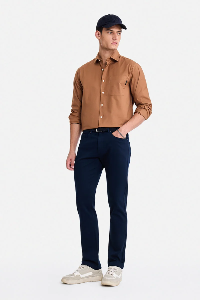 SNITCH Navy Blue Solid Regular Fit Casual Chinos