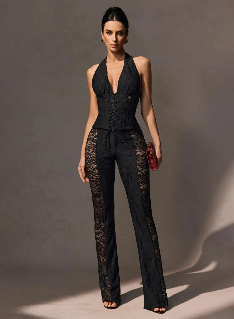 Sunfere Martha Halter Neck Sheer Lace Jumpsuit