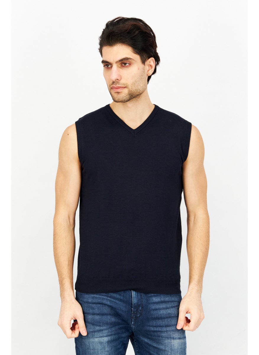 Sorbino Men V-Neck Knitted Vest, Dark Blue  - Image 1
