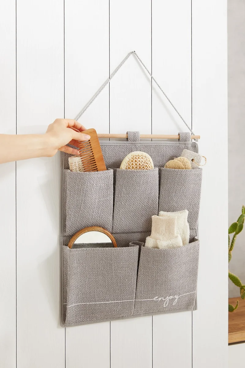 Ocean Home Textile Gray Jute 2-Layer Multi-Purpose Suitcase with Hanger Inside Wardrobe Bathroom Kitchen Organizer 35x45 cm