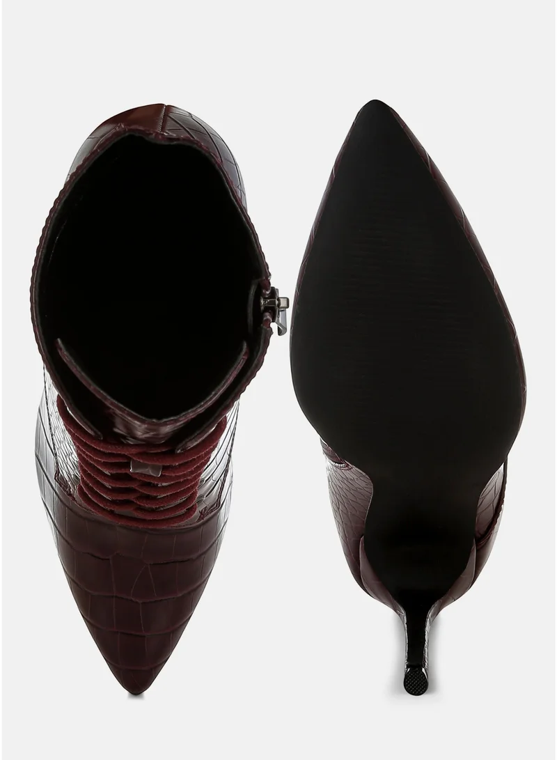 London Rag  London Rag Croc Lace-Up Stiletto Boot in Dark Burgundy for Women | Best Price UAE