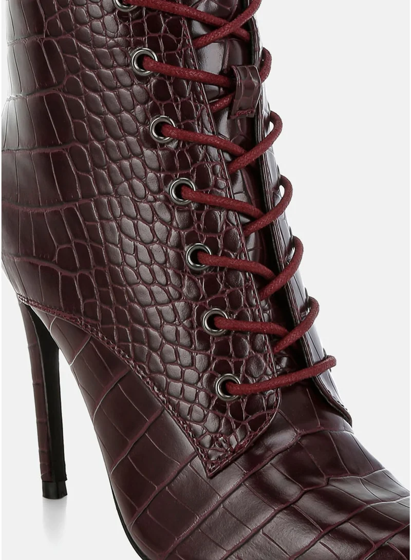 London Rag  London Rag Croc Lace-Up Stiletto Boot in Dark Burgundy for Women | Best Price UAE