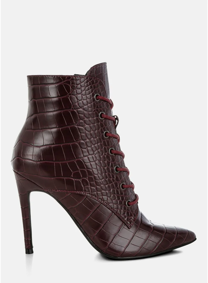 London Rag Croc Lace-Up Stiletto Boot in Dark Burgundy