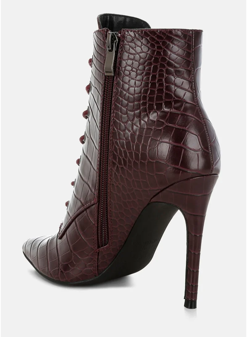 London Rag  London Rag Croc Lace-Up Stiletto Boot in Dark Burgundy for Women | Best Price UAE