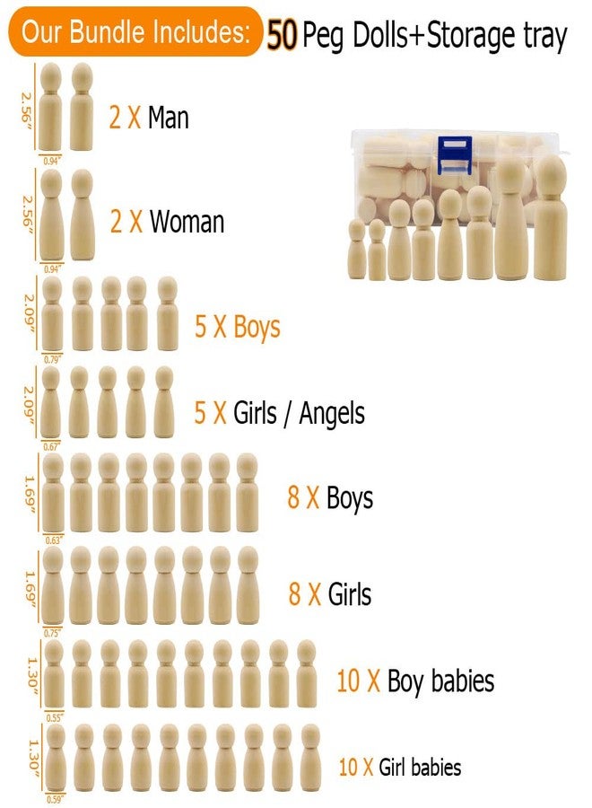Abnaok 50 Pack Unfinished Wooden Peg Dolls, Peg People, Doll Bodies, Wooden Figures, Decorative Peg Doll People for Kids DIY Art Craft, Painting, Peg Game, Home Party Decor, Assorted Shapes and Sizes - Image 2
