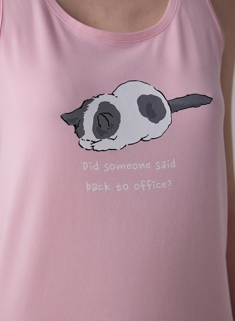 بنتي طقم بيجامة قطن وردي بياقة دائرية وحمالات - Image 3