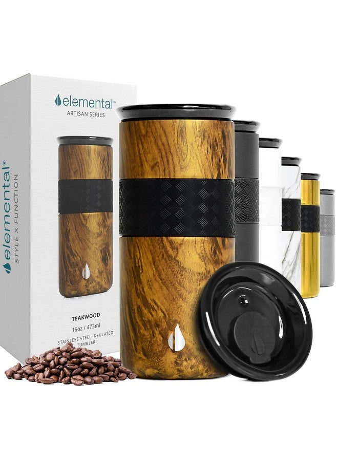 Elemental كوب تامبلر معزول من إليمينتال أرتيزان، كوب سفر قهوة ثلاثي الجدران، كوب قهوة من الفولاذ المقاوم للصدأ قابل لإعادة الاستخدام مع غطاء سيراميك، أكواب قهوة حرارية للمشروبات الساخنة (6 ساعات) والباردة (18 ساعة)، 16 أونصة - خشب تيك - Image 1