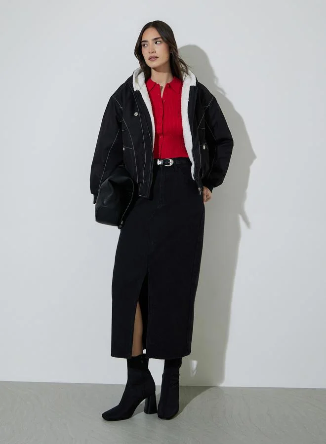 Styli Black Contrast Stitching Faux Fur Lined Regular Fit Jacket