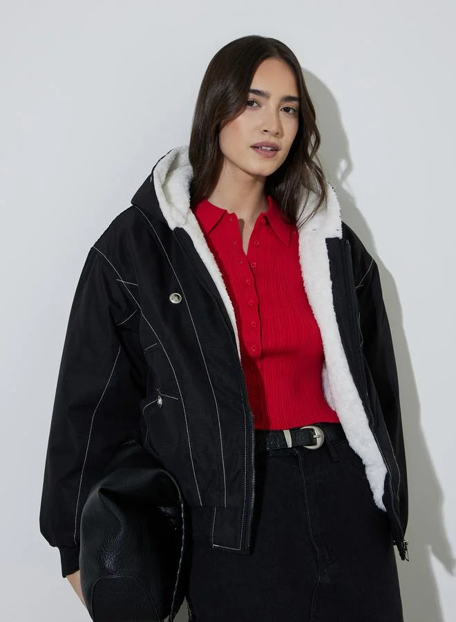 Styli Black Contrast Stitching Faux Fur Lined Regular Fit Jacket