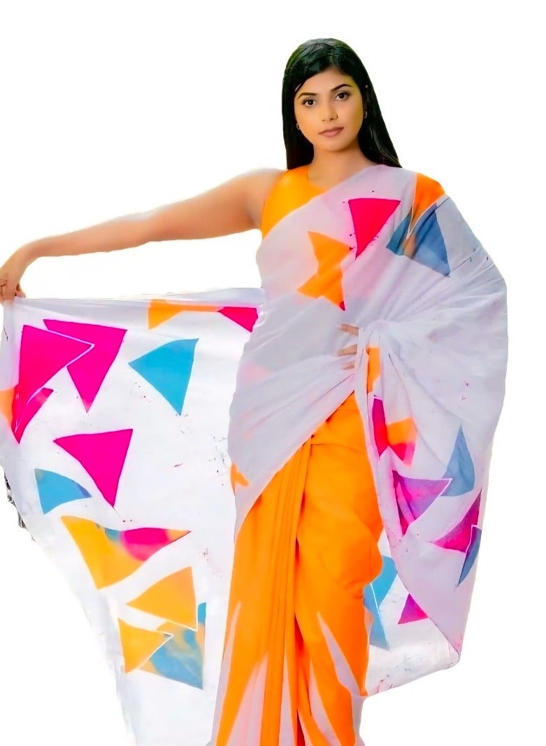 جــرابــمـــا نــتــرا   ساري من الكتان باللون البرتقالي مع قاعدة من قماش بالو أبيض ونمط مثلث متعدد الألوان بالإضافة إلى بلوزة غير مخيطة