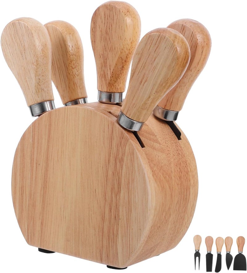 FUOYLOO Oak Cheese Knife Set with Wooden Holder, Stainless Steel Cheese Spreader Tools and Slicer Fork for Charcuterie Serving and Kitchen Use - Image 1