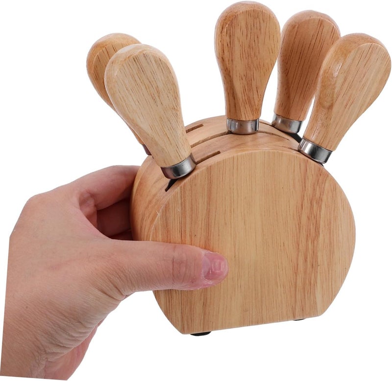 FUOYLOO Oak Cheese Knife Set with Wooden Holder, Stainless Steel Cheese Spreader Tools and Slicer Fork for Charcuterie Serving and Kitchen Use - Image 4