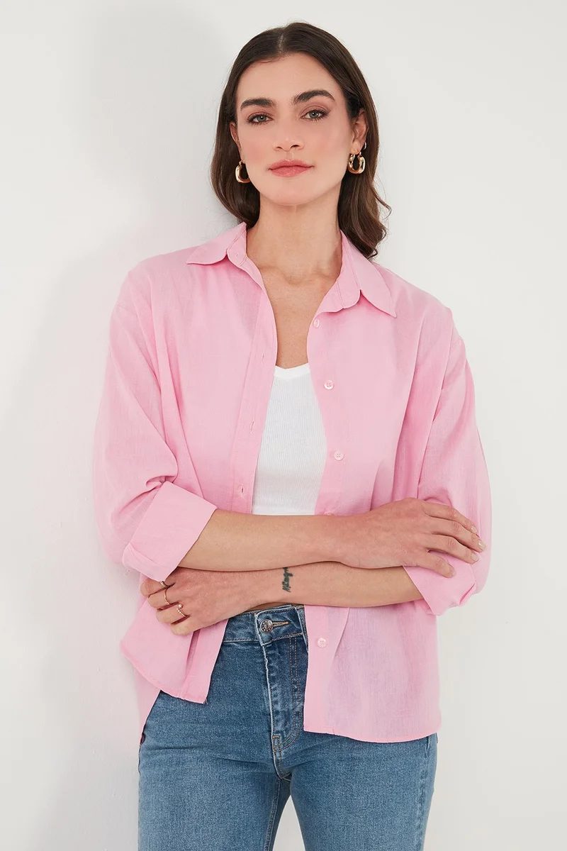 Lela Linen and Cotton Blend Regular Fit Short Front Long Back Shirt Women's Shirt 6772853