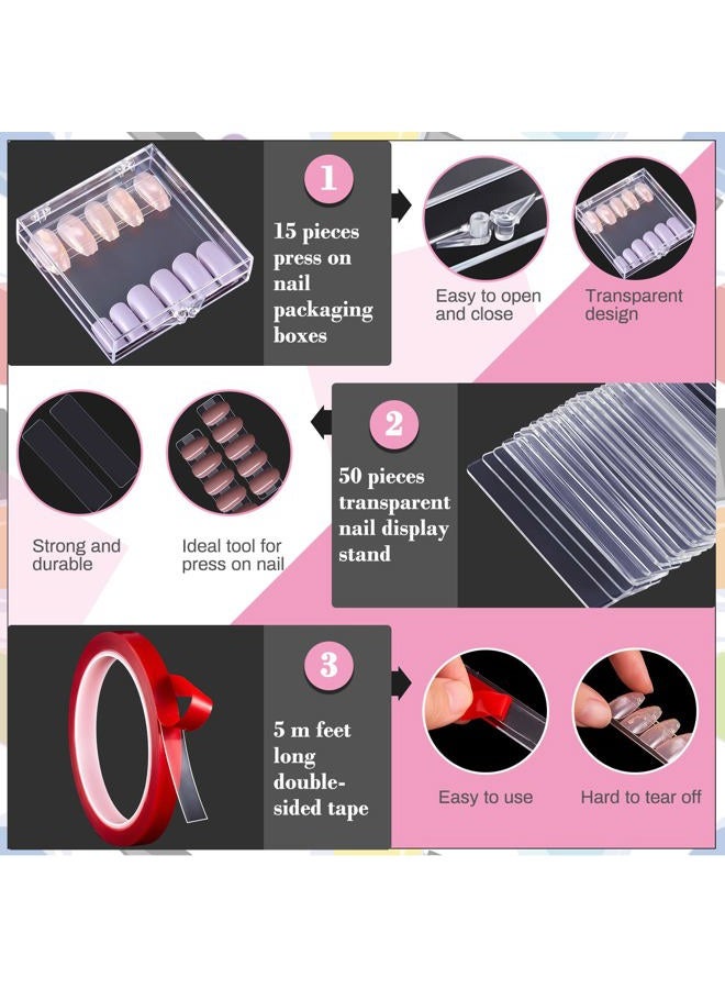 Demissle 66 Pcs Artificial Nail Storage Box and Nail Art Display Stand Holder Set, 15 Plastic False Nail Packaging Boxes 50 Clear Press on Nail Stand with 5 M Double Sided Tape for Acrylic Nails Practice Salon - Image 3