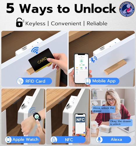 eLinkSmart Smart Cabinet Lock Hidden No Drill Adhesive Magnetic Baby Proofing Child Proof Drawer Locks Keyless RFID Bluetooth Cabinet Locks for Adults File Kitchen Cupboard Closet Liquor White - Image 3
