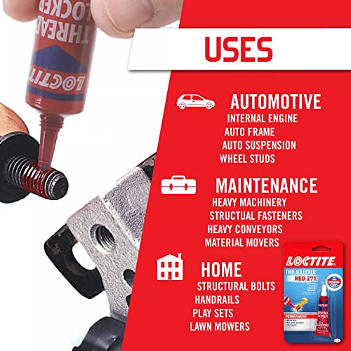 Loctite Threadlocker Red 271 locks, seals threaded fasteners permanently, prevent loosening from vibration, great for engines, machinery, vehicles for valve covers, water pumps, and alternators, 6ml - Image 3