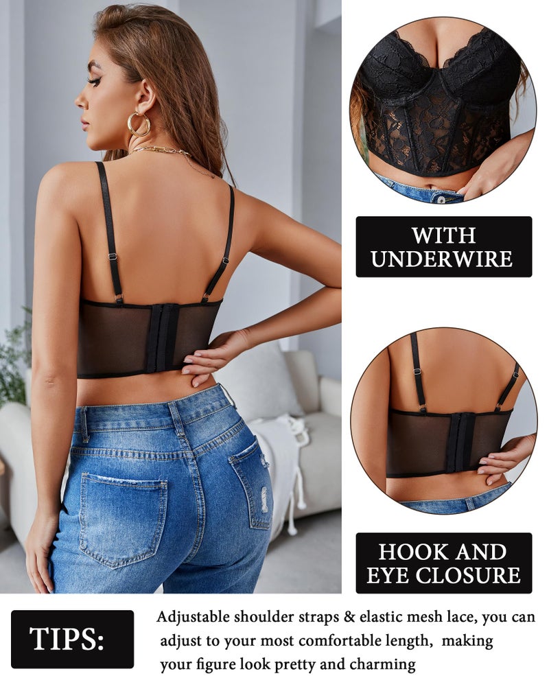 Avidlove Bralettes for Women Lace Spaghetti Strap Bustier Tops with Underwired Slim Basic Sexy Tops Black - Image 4