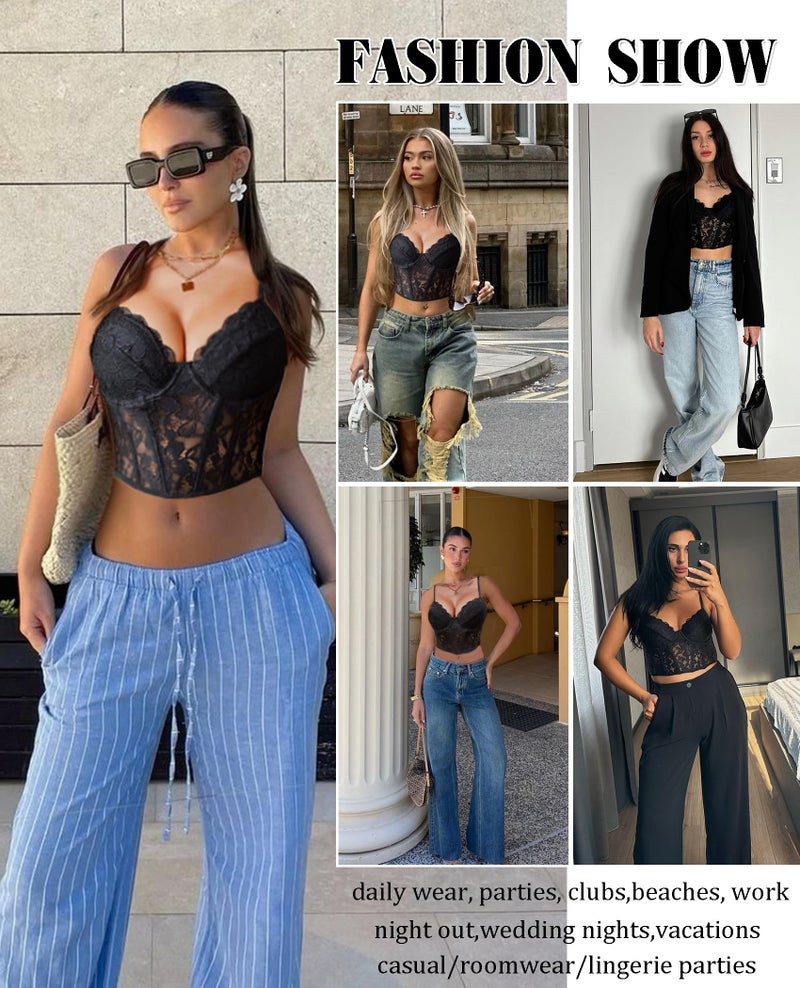 Avidlove Bralettes for Women Lace Spaghetti Strap Bustier Tops with Underwired Slim Basic Sexy Tops Black - Image 5