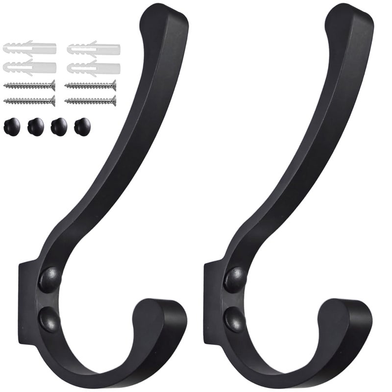 Coat Hooks for Wall Heavy Duty Large Wall Hooks for Hanging Wall Mounted Metal Robe Hooks Utility Hooks for Coat Scarf Bag Towel Key Cap Cup Hat Black 2 Pack