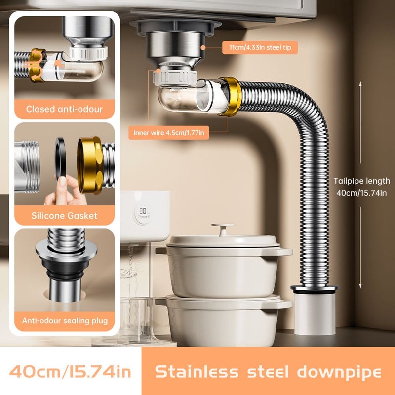 39.37 Inch Flexible Stainless Steel P Type Sink Drain Kit Expandable For 3.35 3.54 Drain Holes - Image 5