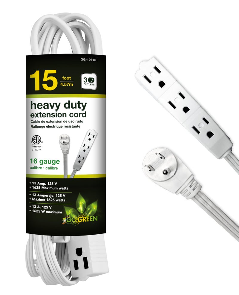 Power By GoGreen Go Green Power Inc. 15ft Extension Cord with 3 Outlets, White - Compact, Flush-Fit Design, Heavy Duty, Grounded Plug - Ideal for Home & Small Appliances - GG-19615 - Image 1