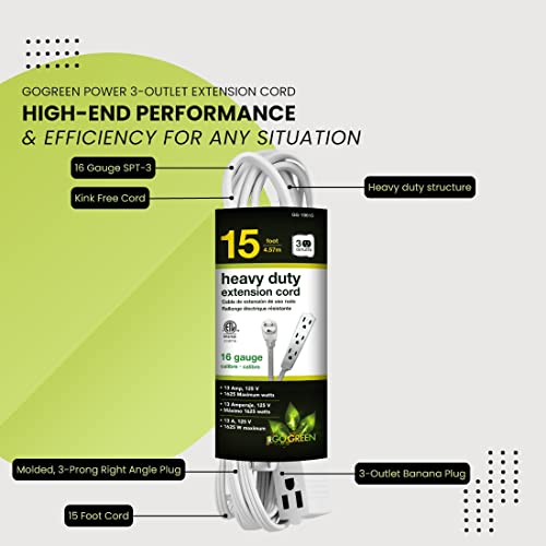 Power By GoGreen Go Green Power Inc. 15ft Extension Cord with 3 Outlets, White - Compact, Flush-Fit Design, Heavy Duty, Grounded Plug - Ideal for Home & Small Appliances - GG-19615 - Image 5