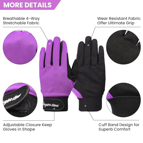 FINGER TEN Horse Riding Gloves Equestrian Women Kids for Girls Boys Mesh Breathable Lightweight Color Pack, Comfortable Grip for Summer (Kids-Purple, Small) - Image 2