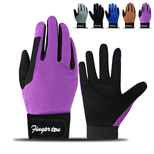 FINGER TEN Horse Riding Gloves Equestrian Women Kids for Girls Boys Mesh Breathable Lightweight Color Pack, Comfortable Grip for Summer (Kids-Purple, Small) - Image 1