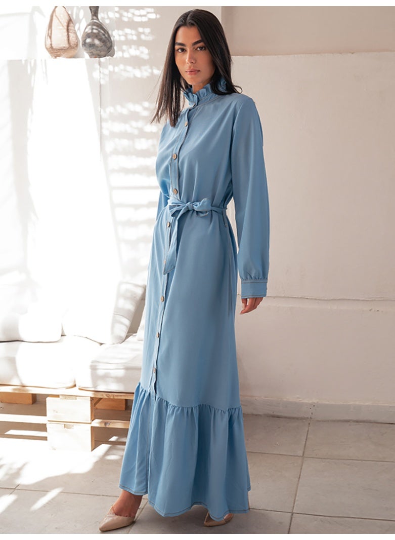 فرايديين كاجول طوق عالي اللون الصامد مكشكش حزام كم القميص فساتين طويلة ازرق - Image 4