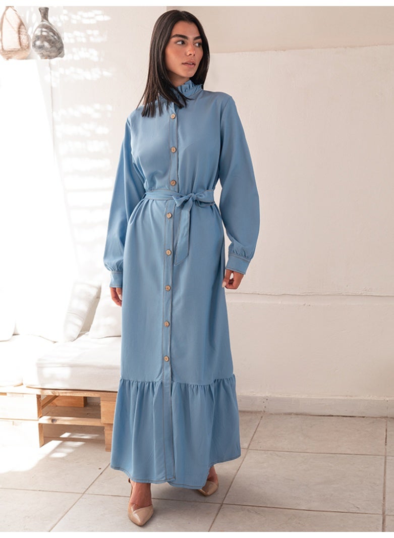 فرايديين كاجول طوق عالي اللون الصامد مكشكش حزام كم القميص فساتين طويلة ازرق - Image 5