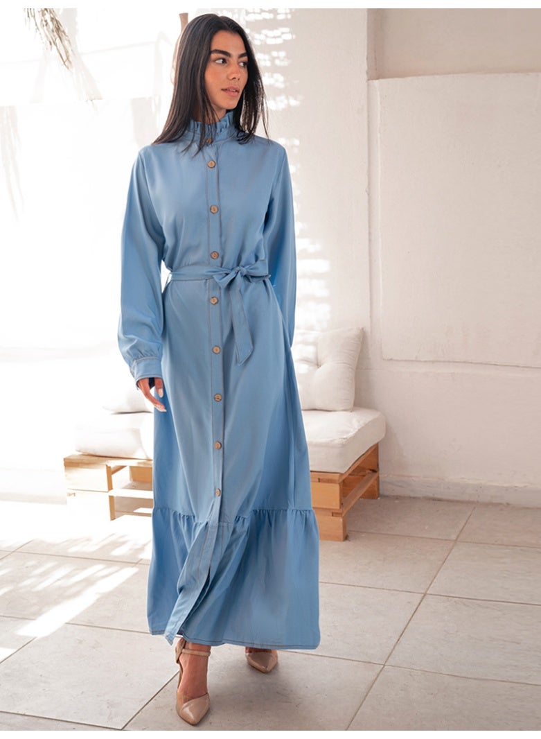 فرايديين كاجول طوق عالي اللون الصامد مكشكش حزام كم القميص فساتين طويلة ازرق - Image 1