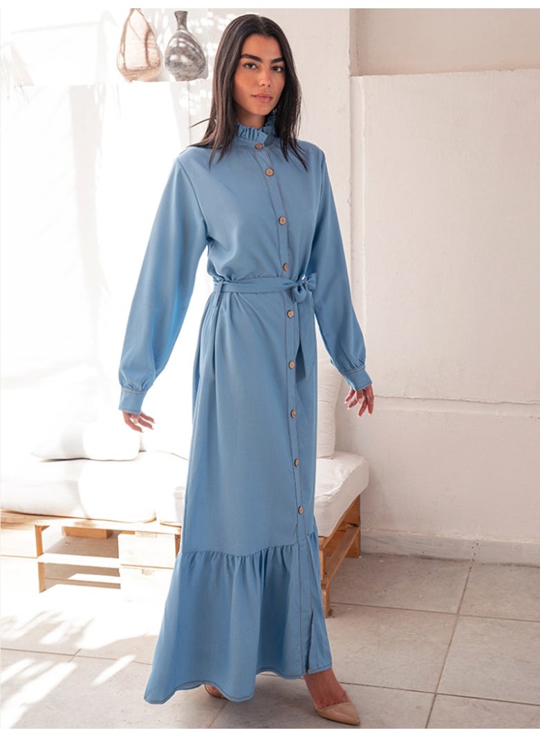 فرايديين كاجول طوق عالي اللون الصامد مكشكش حزام كم القميص فساتين طويلة ازرق - Image 2