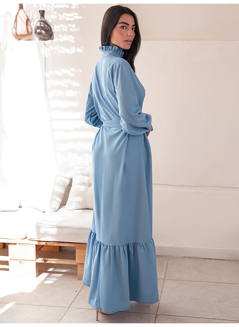 فرايديين كاجول طوق عالي اللون الصامد مكشكش حزام كم القميص فساتين طويلة ازرق - Image 3