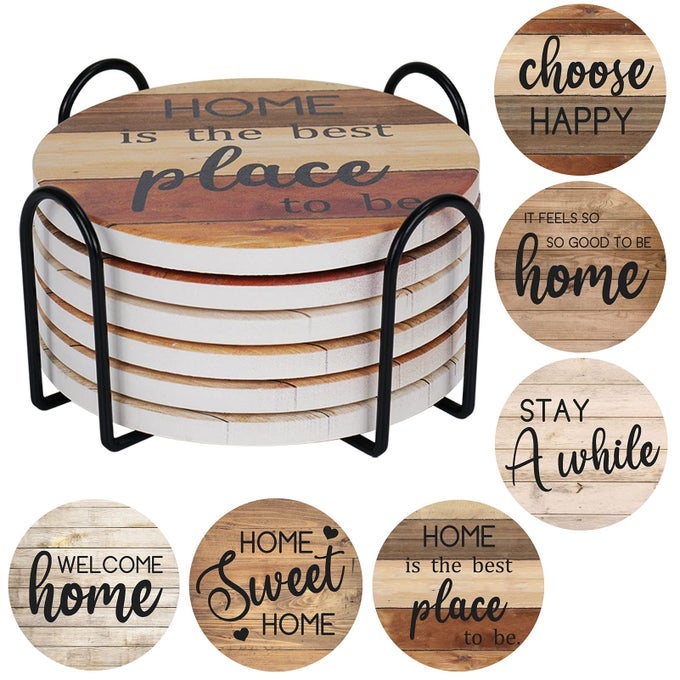 Coasters for Drinks Absorbent with Holder 6 Pcs Ceramic Rustic Farmhouse Drink Coasters for Coffee Table Tabletop Protection Housewarming Gift New Home Decor