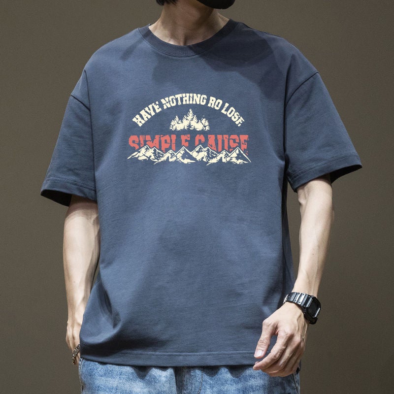 200G heavy cotton printed short-sleeved T-shirt for men's spring and summer thin trendy brand versatile round neck five-minute half-sleeved top