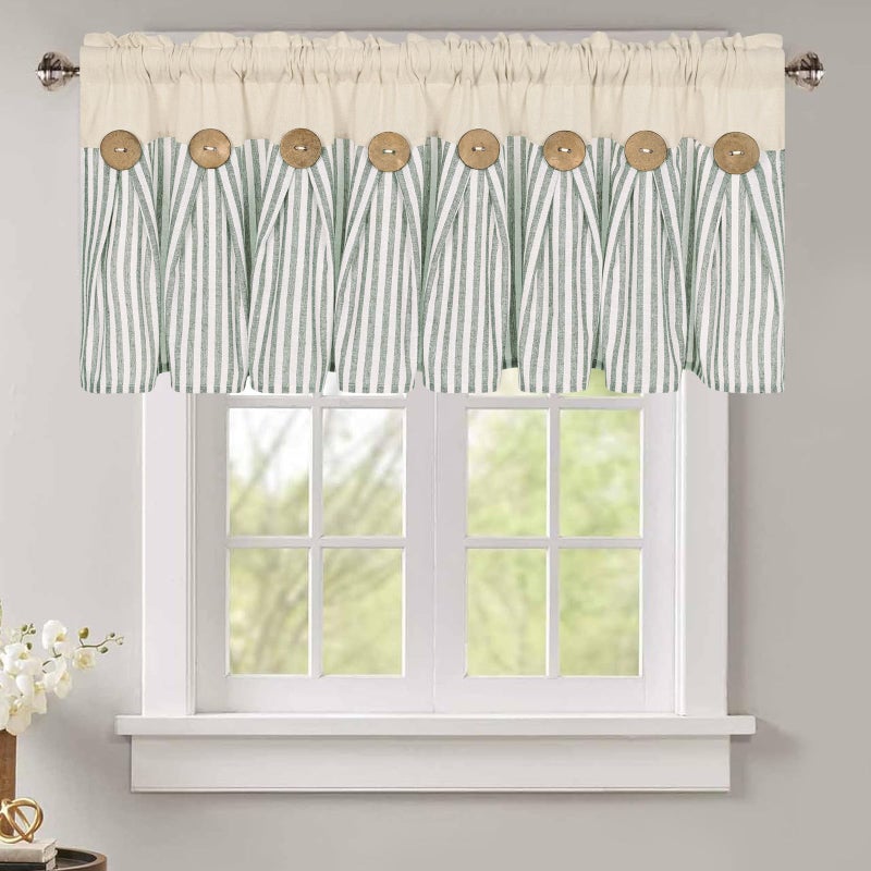 ASPMIZ Cotton Linen Kitchen Valance Curtains, Boho Rustic Button Linen Valances for Windows Farmhouse, Green Stripe Valance Window Treatment Tiers, Rod Pocket Window Valances for Cafe, 52 x 18 Inch - Image 1