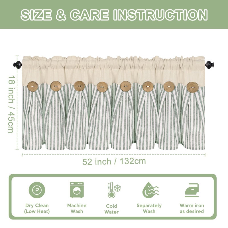 ASPMIZ Cotton Linen Kitchen Valance Curtains, Boho Rustic Button Linen Valances for Windows Farmhouse, Green Stripe Valance Window Treatment Tiers, Rod Pocket Window Valances for Cafe, 52 x 18 Inch - Image 5
