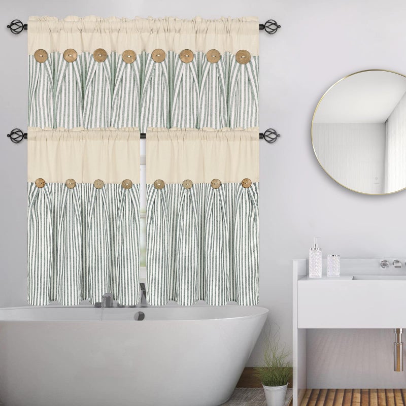 ASPMIZ Cotton Linen Kitchen Valance Curtains, Boho Rustic Button Linen Valances for Windows Farmhouse, Green Stripe Valance Window Treatment Tiers, Rod Pocket Window Valances for Cafe, 52 x 18 Inch - Image 2